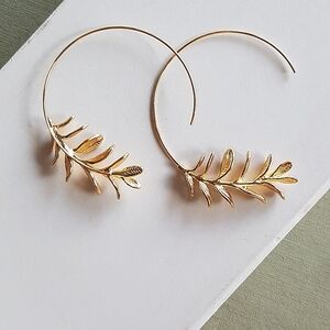 Gold plated rosemary twig plant leaf hoop earrings